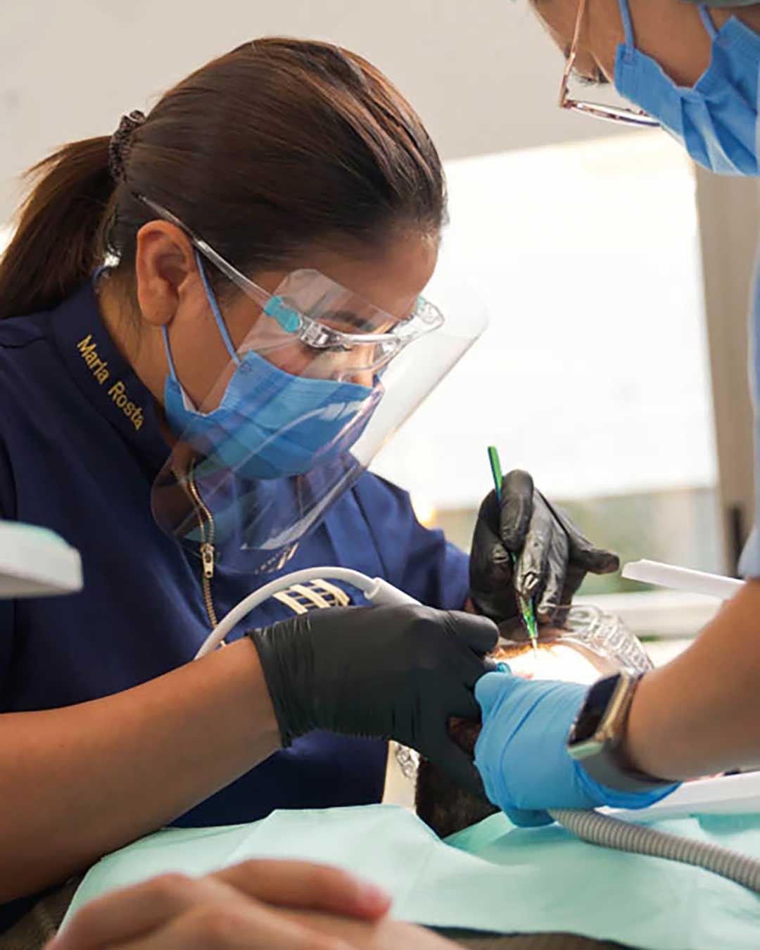 Dental Hygienist Maria Rosta with a patient at Harmony Medical Center Dubai during a teeth whitening session.
